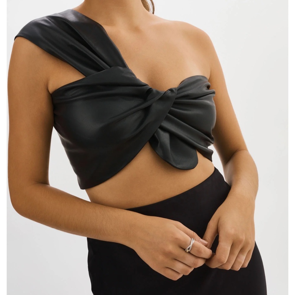 LAMARQUE JOLIE Black Faux Leather One Shoulder Crop Top